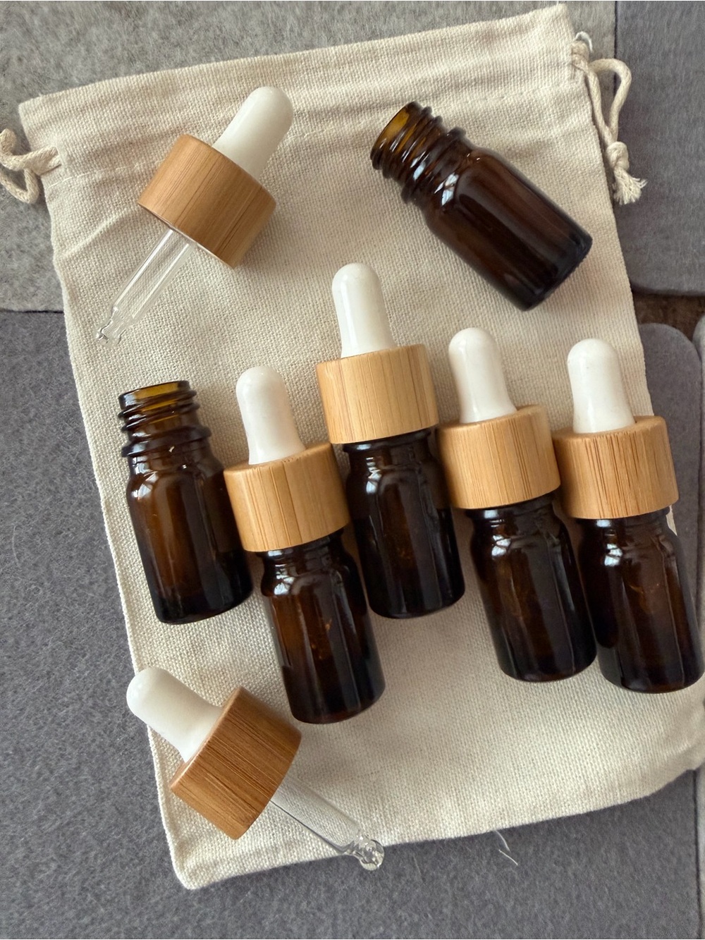 Amber 5mL Glass Dropper Bottles with Bamboo Caps